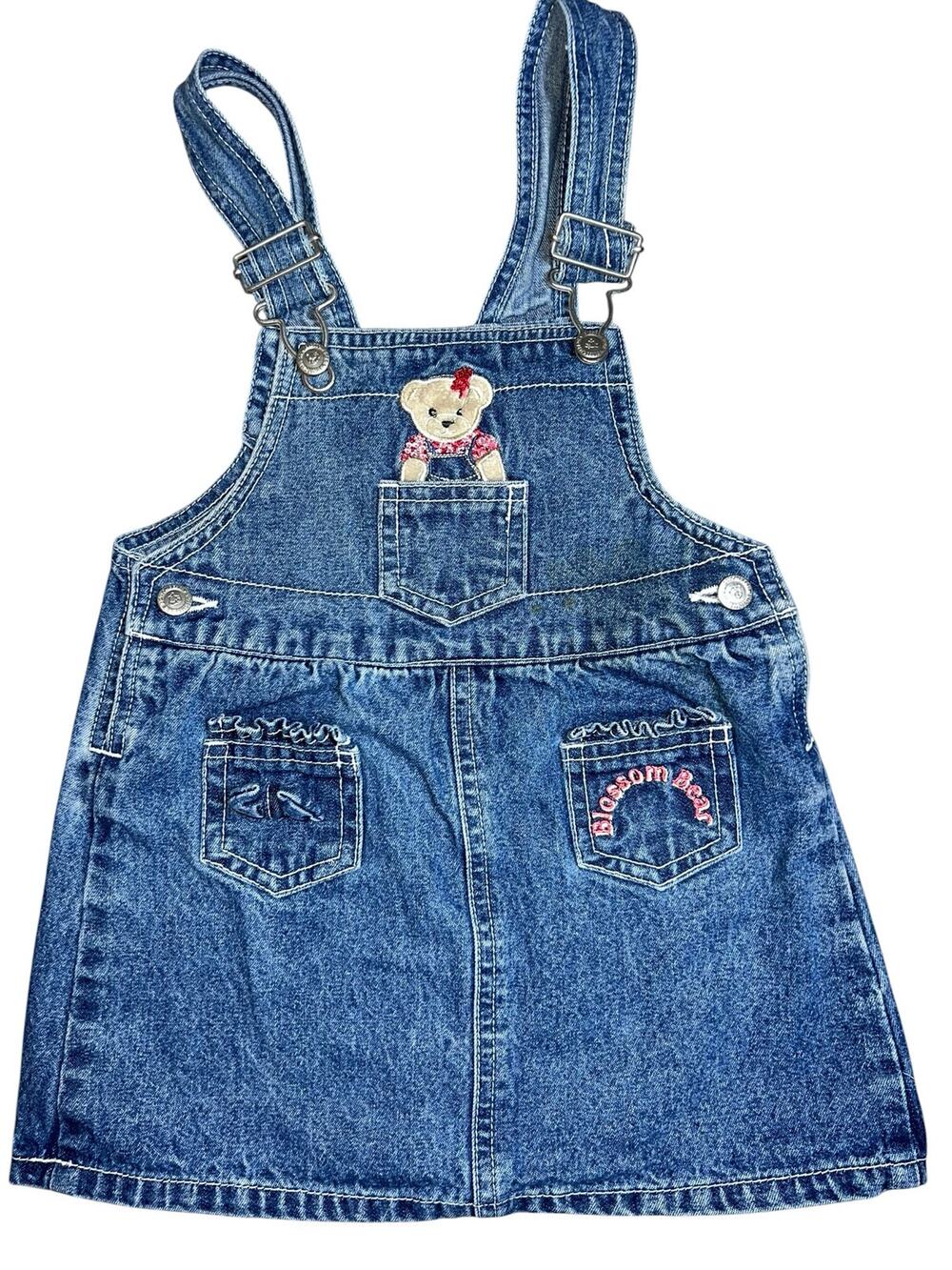 blossom bear Vintage teddy bear denim overall dress size 24 months cottage-core